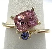 10K Yellow Gold 7x5mm Pink Zoisite and Tanzanite Bypass Ring Size 7.5
