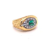 0.46ct Natural Diamond & Emerald Original Vintage 1970's Nugget Textured Cocktail Ring 14K Yellow Gold