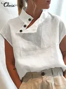Celmia Women Summer Blouses 2023 Fashion Cotton Linen Blusas Lightweight White Shirt Casual Chic Tunic Tops Oversized Clothing