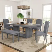 6-Piece 78inch Extendable Pedestal Dining Table Set with 18inch Removable Leaf and Dining Bench, 4 Upholstered Dining Chairs