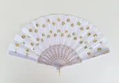 10 Pcs White Cloth Hand Fans with White Gold Plastic Handle