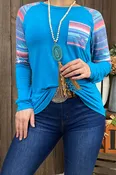 Blue serape long sleeve top w/front pocket BQ10148