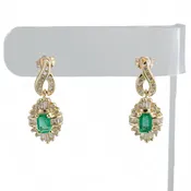 14k White Gold 0.80ctw Emerald & Baguette Diamond 0.67ctw H SI1 Dangle Earrings