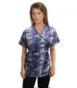 Blue And White Flower Print Scrub Set Mock Wrap With Black Piping 5 Pocket Half Sleeves (Top 3 Pockets With Bottom 2 Pockets Boot cut)