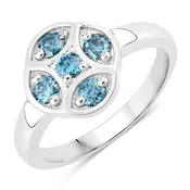 0.48 Cttw Round Teal Blue Diamond Rhodium Plated Silver Disc Cluster 5 Stone Ring
