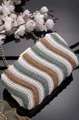 Adorn Peanut Brown, Teal Green And White Wave Embellished Faux Silk Clutch (ADCL1177A)