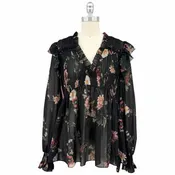 All Saints Top — Black with multicolour floral pattern — Size 8