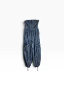 AKIRA Size SMALL Denim Blue Tie Pockets Ballon Sleeve Denim JUMPSUIT