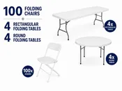 100 Folding Chairs & 8 Folding Tables Bundle – 4 Rectangular + 4 Round