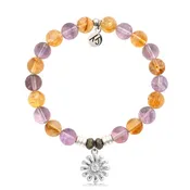 Amethyst Citrine Gemstone Bracelet with Daisy Sterling Silver Charm