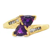 10K Yellow Gold Trilliant Amethyst and Diamond Ring with Round Side Stones