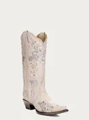 A3521 - WOMEN'S WHITE FLORAL EMBROIDERY AND CRYSTALS COWBOY BOOT