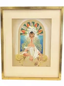 Andrés Original Gouache 1970 w Cuban Lady in Front of a Mediopunto, Latin American Art