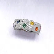 "Concentric" Round Brilliant Cut Bezel Rainbow-Colored Sapphires and Diamonds in 14K White Gold Ring