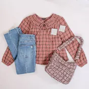 Blu Pepper Long Sleeve Plaid Top with Shirred Yoke and Front Tie
