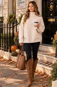 Almond Wool Blend Waffle Knit Turtleneck Sweater