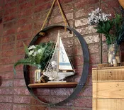 Barrel Hoop Hanging Wall Shelf – Reclaimed Wine Barrel with Rope Hanger