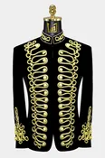Black &amp; Gold Velvet Embroidered Mandarin Collar Jacket