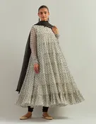 Black and White Chanderi Tiered Kurta And Churidar Set