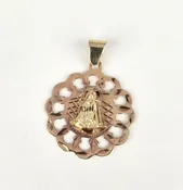 10k Multi-Tone Gold Caridad De Cobre Medallion Circle Drop Pendant