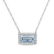 14K White Gold Aquamarine & Diamond Emerald Cut Halo Necklace