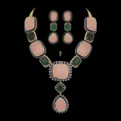 2-in-1 Diamond Necklace and Pendant with Natural Carved Emerald, Morganite and Sapphire With Earring