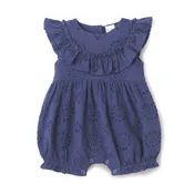 Baby Eyelet Romper Blue Cotton Ruffle One-Piece