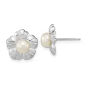 14K White Gold 5-6mm White Button Freshwater Culture Pearl Flower Post Earrings