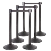 6-Pack Premium Steel Stanchions Barriers with Retractable Belt - Black