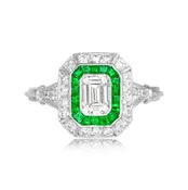 0.50ct GIA Emerald Cut Diamond and Emerald Halo Newbury Ring