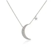 14K White Gold Diamond Moon & Star Necklace