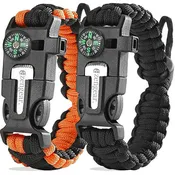 Paracord Survival Bracelet (2 Pack), Fire Starter, Whistle, Compass