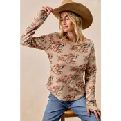 FLORAL PRINT WASHED WAFFLE THERMAL TOP WITH THUMB: TAUPE / S