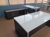 Glass top desk U w/ adjustable height bridge
