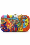 Adorn Gold & Multi Faux Silk Embellished & Embroidered Box Clutch (ADCL2213A)