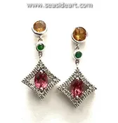 14K White Gold Pair of Natural Multi-Gemstone Dangle Earrings