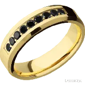 6 mm wide/Beveled/14K Yellow Gold band with an  arrangement of 9, .05 carat Round Black Diamond stones in a Bead Channel setting.