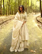 Beige Cotton Hand Embroidered Long Kurti with Skirt and Dupatta