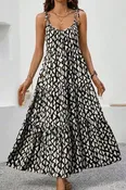 040 Spaghetti Strap Black & White Maxi Tiered Dress