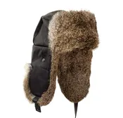 Mad Bomber Black Leather Bomber Hat w/brown rabbit fur
