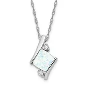 10K White Gold Created Opal & Diamond Pendant Necklace Cable Chain