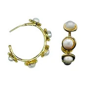 5 Bezel Pearl Gold Hoop Earring