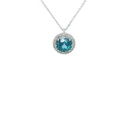 14kt White Gold Blue Zircon $ Diamond Halo Pendant w Cable Chain (16 or 18 inches)