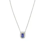 14K White Gold Emerald Cut Tanzanite Diamond Halo Necklace