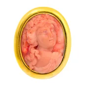 Antique 14K Yellow Gold Pink Coral Cameo Brooch