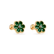 14 Karat Green Flower Enamel 8.5mm Clear CZ Screw Back Earrings
