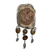 10173 Hand Carved Mammoth Ivory, Brownzite, Agate, Mother of Pearl Sterling Silver Pin and Pendant