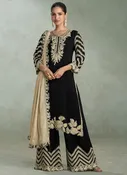 Black & Gold Embroidered Chinnon Silk Palazzo Suit