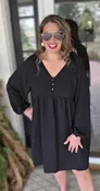 BLACK BABYDOLL KNEE LENGTH TEXTURED DRESS