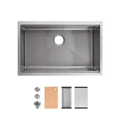 30″x19″ Stainless Steel Kitchen Sink, Single Bowl, Undermount Handmade Sink in Brushed, with Cutting Board, Colander, SS-BR07D-301908